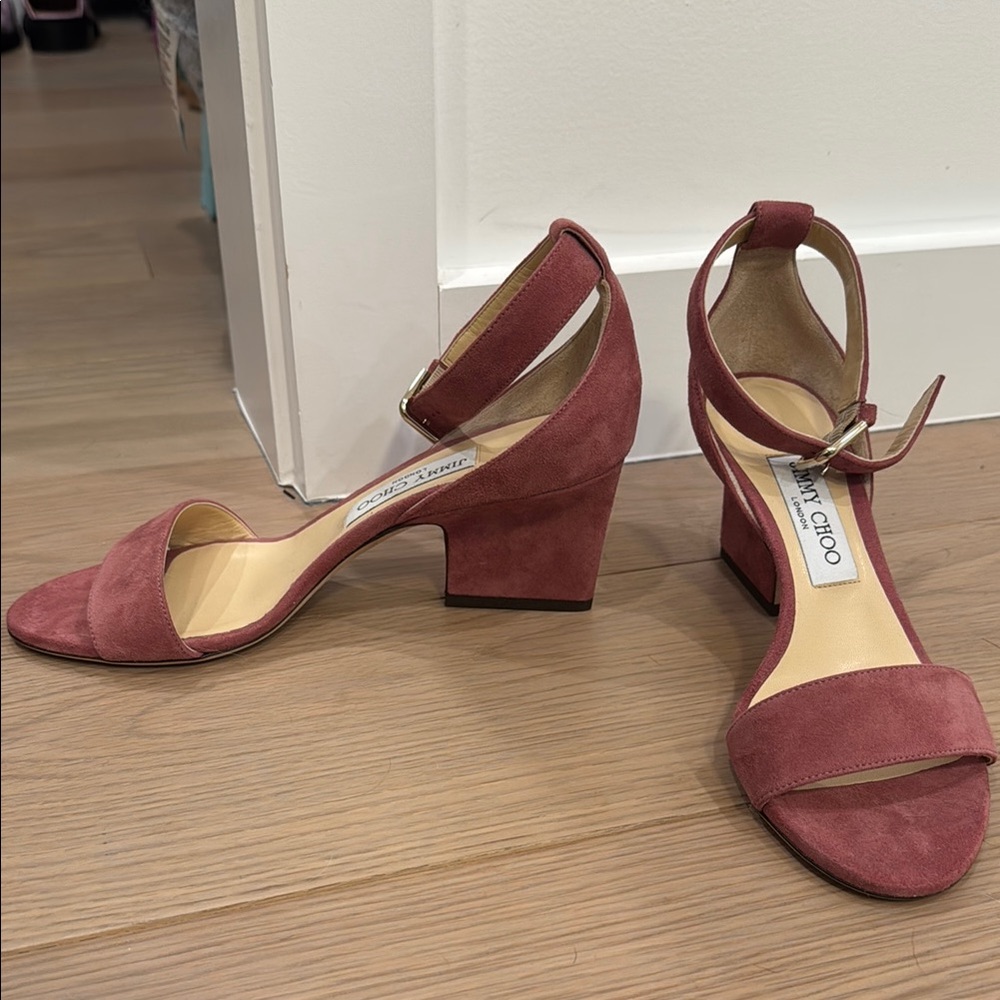 Jimmy Choo Pink Suede Block Heel Sandals